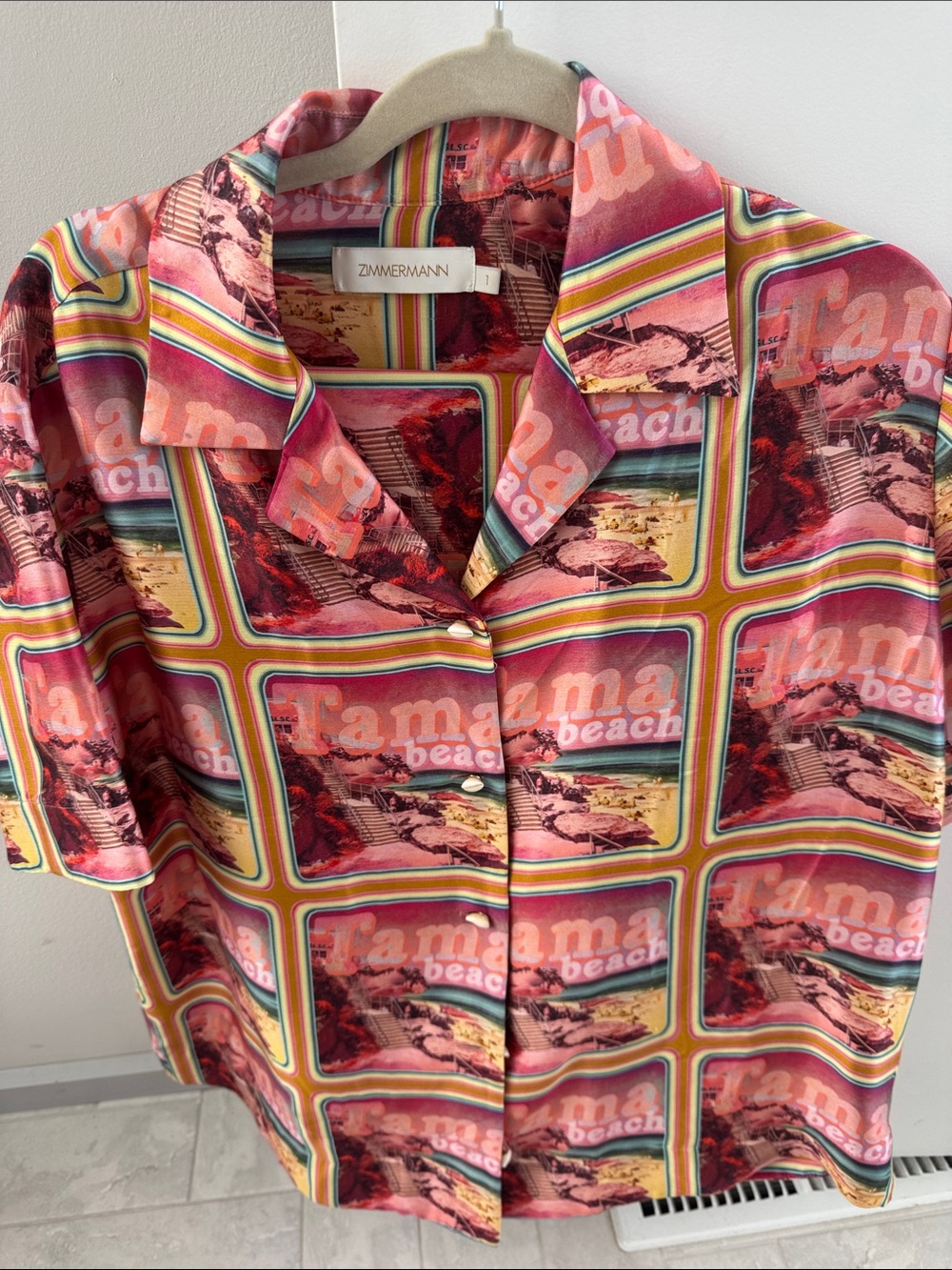 Zimmermann Pink Multi 'Tamama Beach' Print Short-Sleeve Camp Shirt size 1